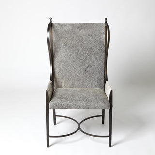 IRON WING CHAIR W/GREY HAIR-ON-HIDE