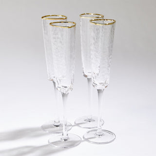 S/4 HAMMERED CHAMPAGNE GLASSES-CLEAR W/GOLD RIM