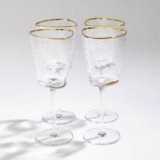 S/4 HAMMERED FOOTED WINE GLASSES-CLEAR W/GOLD RIM