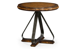 Round Side Table with Iron Base in Rustic Walnut