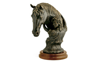 Antique Dark Bronze Young Girl & Her Horse