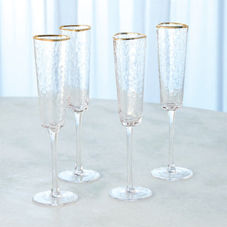 S/4 HAMMERED CHAMPAGNE GLASSES-CLEAR W/GOLD RIM