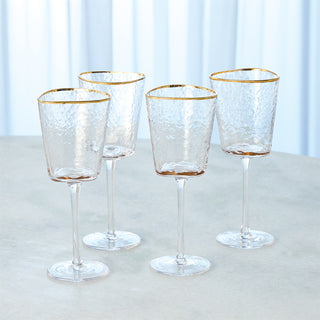 S/4 HAMMERED FOOTED WINE GLASSES-CLEAR W/GOLD RIM