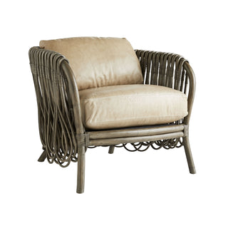 Strata Lounge Chair in Oyster Leather and Gray-Wash Rattan – Modern Organic Design, 100% Leather Cushion