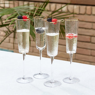 S/4 HAMMERED CHAMPAGNE GLASSES-CLEAR W/GOLD RIM