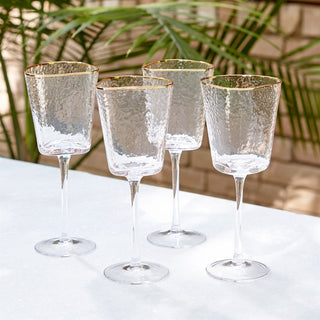 S/4 HAMMERED FOOTED WINE GLASSES-CLEAR W/GOLD RIM