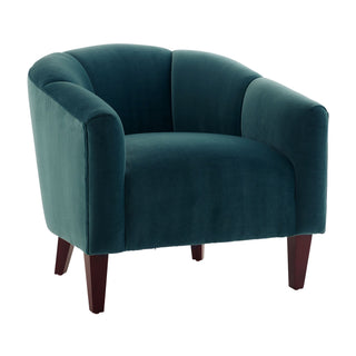 Misha Peacock Velvet Accent Chair – Luxe Barrel Design with Channel Stitching and Dark Walnut Legs