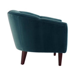 Misha Peacock Velvet Accent Chair – Luxe Barrel Design with Channel Stitching and Dark Walnut Legs