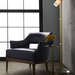 Laurette Chair Indigo Leather Armchair with Beveled Walnut Base