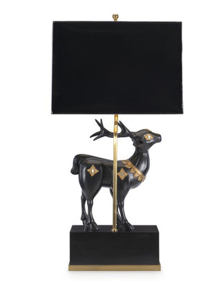 Maitland Smith Faithful Not Fawning Table Lamp – Fawn Sculpture on Black Stone Base with Hand-Painted Gold Accents