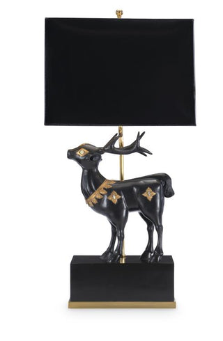 Maitland Smith Faithful Not Fawning Table Lamp – Fawn Sculpture on Black Stone Base with Hand-Painted Gold Accents