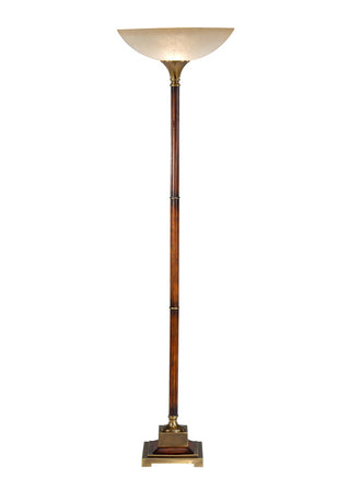 Torchiere of Wood – 71” Tall Distressed Wood Floor Lamp with Antique Brass Accents and Wide Drum Shade, Foot Switch