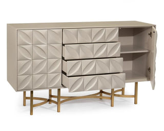 39"H X 74"W X 19"D The plinth and moldings of this credenza, which frame the églomisé panels, are finished in gold leaf. The doors have a raised frame around the center panels on which sit gold backplates to the crystal door pulls. There is one adjustable shelf to each cupboard.