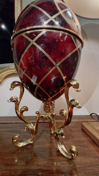 Maitland Smith Dyed Red Penshell Egg Shaped Box - Golden Cast Brass Stand