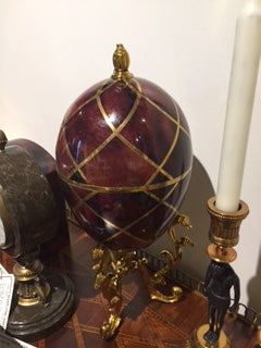 Maitland Smith Dyed Red Penshell Egg Shaped Box - Golden Cast Brass Stand