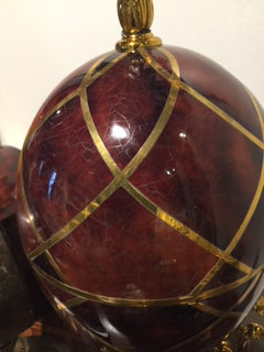 Maitland Smith Dyed Red Penshell Egg Shaped Box - Golden Cast Brass Stand