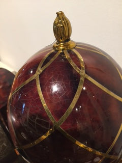 Maitland Smith Dyed Red Penshell Egg Shaped Box - Golden Cast Brass Stand