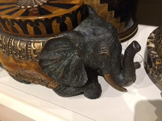 Maitland Smith Kneeling Elephant Box - Dark Bronze with Verdigris Finish and Penshell Inlay