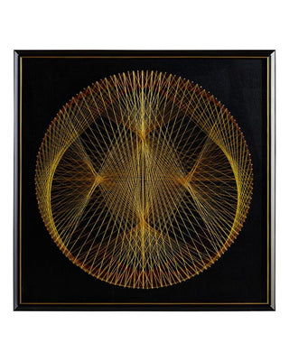 33"W X 33"H X 2"D Golden filament is woven meticulously to create a stunning circular design. The piece is beautifully framed in a black molding.