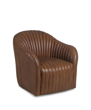 Maitland Smith Elias Channel Back Swivel Chair – Fergus Toffee Leather Upholstery, 32.50" x 35.25" x 31.25"