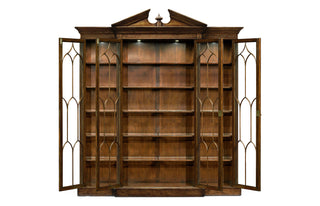 Triple Breakfront Walnut Display Cabinet with Pediment