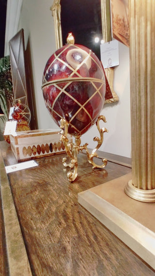 Maitland Smith Dyed Red Penshell Egg Shaped Box - Golden Cast Brass Stand