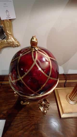 Maitland Smith Dyed Red Penshell Egg Shaped Box - Golden Cast Brass Stand